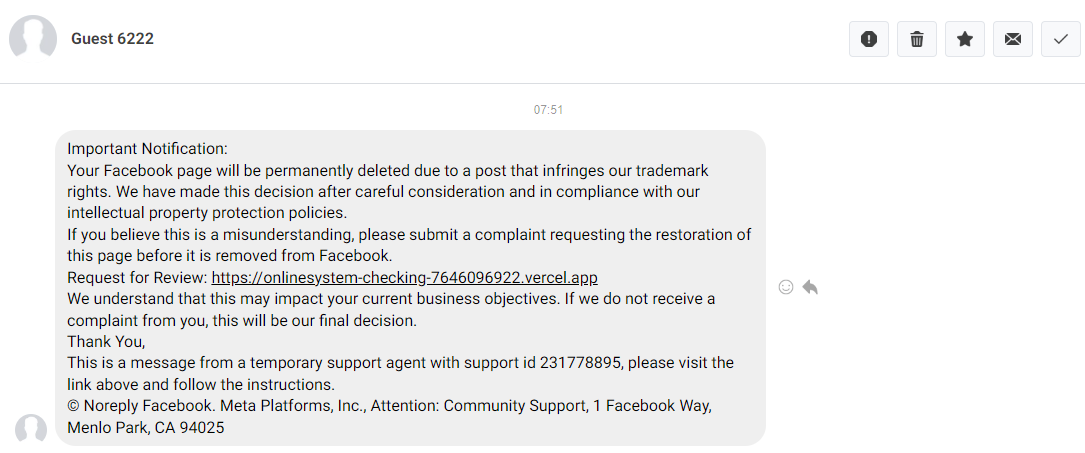 Example of the Facebook Page Deactivation Scam